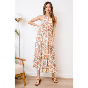 Lulus Keep It Sweet Ivory Floral Print Halter Tiered Midi Dress Brown - Size M